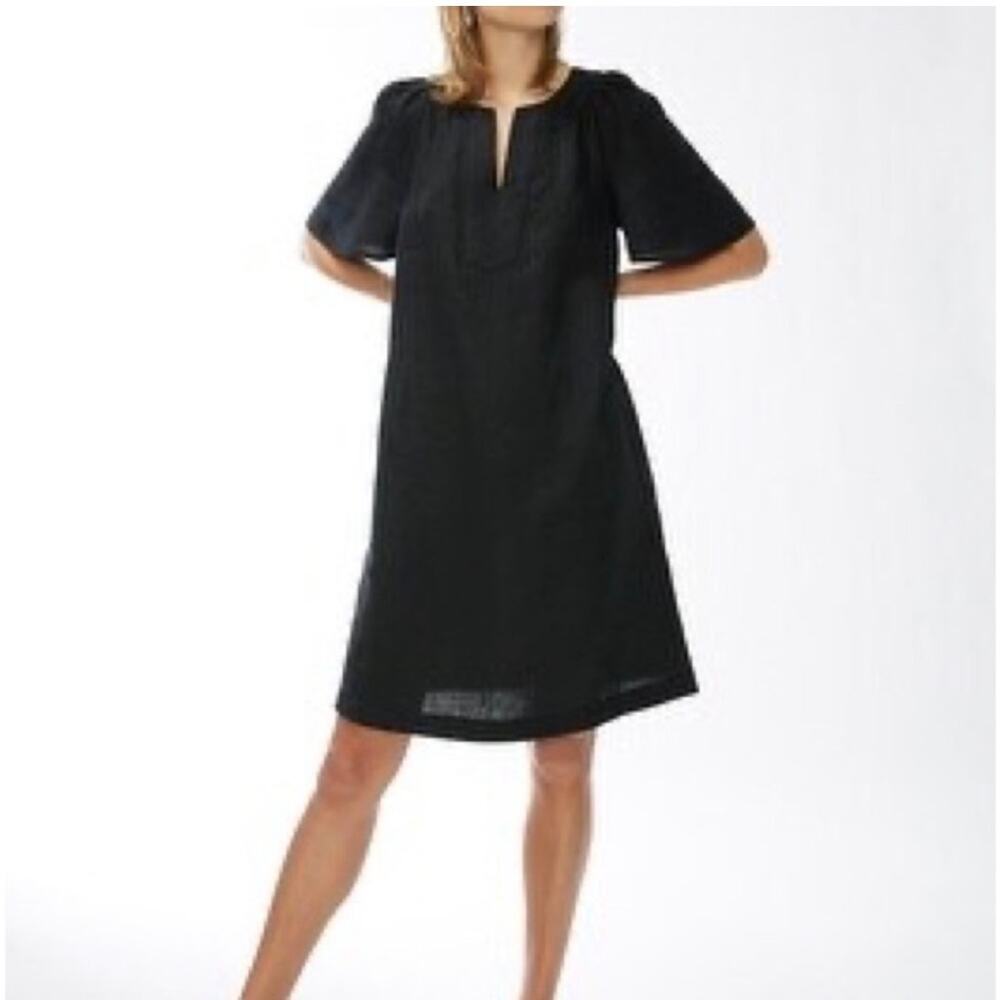 NWT Chico’s 100% Linen Flutter Sleeve Solid Black Pockets Dress Size 2 / Large